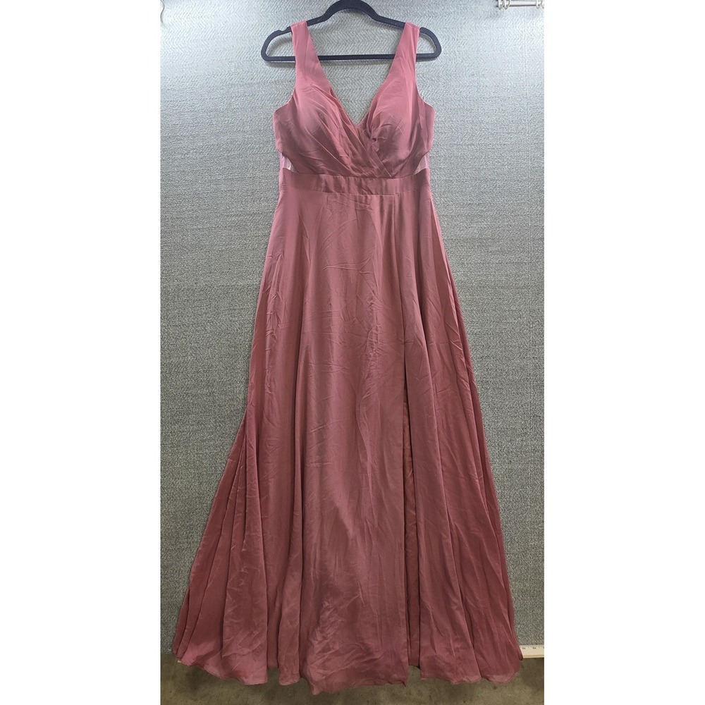 Azazie Dress Womens 10 Pink Chiffon Maxi V Neck Sash Bow Formal Evening Wedding